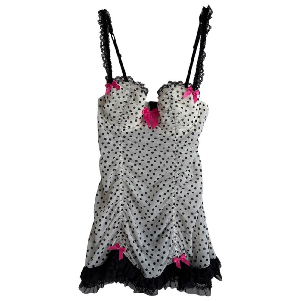 La Senza Cream & Black Polka Dot Babydoll Lingerie Nightie Size Medium Y2K
